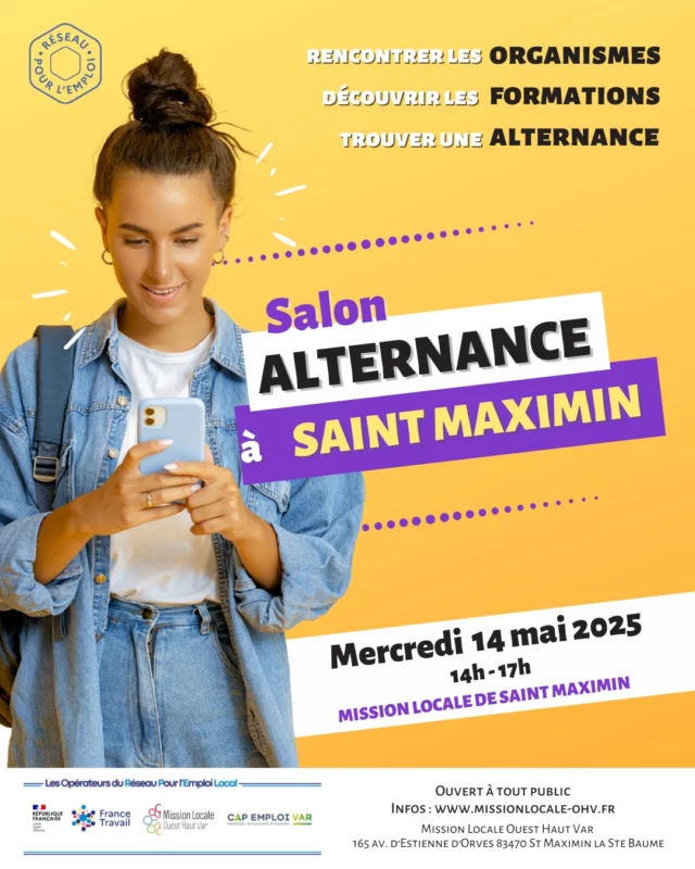 𝗦𝗮𝗹𝗼𝗻 𝗱𝗲 𝗹'𝗔𝗹𝘁𝗲𝗿𝗻𝗮𝗻𝗰𝗲 📍 à Saint Maximin 
Du CAP au BAC + ... Trouve ta formation en alternance !

📆 𝗠𝗲𝗿𝗰𝗿𝗲𝗱𝗶 𝟭𝟰 𝗠𝗮𝗶 à la Mission Locale de Saint Maximin

ℹ️ Infos et liste des centres de formations sur notre site : www.missionlocale-ohv.fr

#alternance #missionlocale #formation #saintmaximinlasaintebaume #mlohv