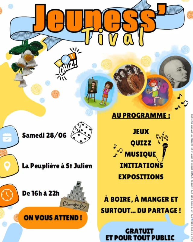 🥳 𝐉𝐞𝐮𝐧𝐞𝐬𝐬'𝐓𝐢𝐯𝐚𝐥 à📍Saint Julien le Montagnier
organisé par les jeunes de la Mission Locale avec @la_peupliere_tierslieu 
Gratuit & ouvert à tous !

#saintjulienlemontagnier #jeunesse #festival #missionlocale